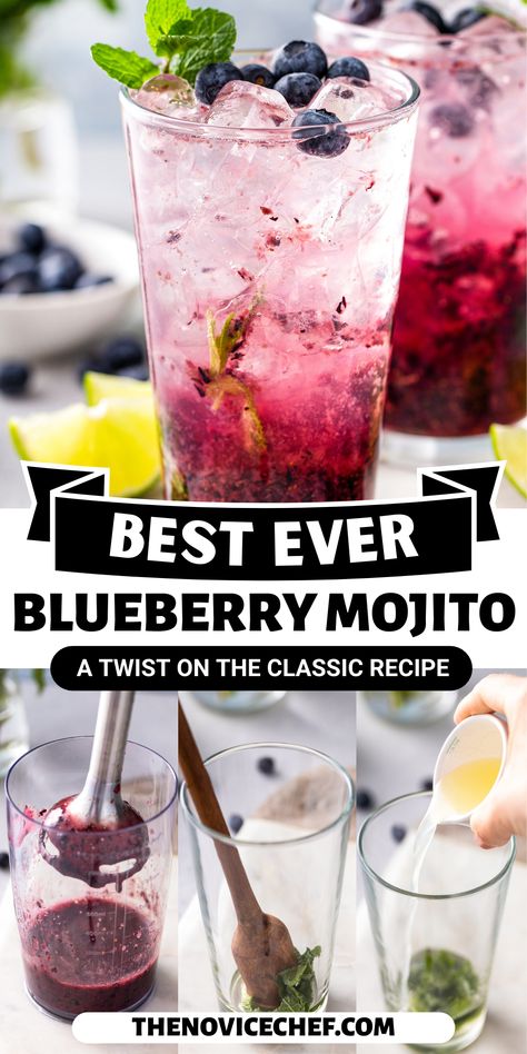 Bright blue and fruity, this easy blueberry mojito is packed with white rum, lime juice, and lots of ice for a refreshing summer cocktail. Topped with club soda for a bit of fizziness, you'll love every minty sip. Summer Mojito Recipe, Blueberry Mojito Pitcher, Summer Mojito, Mojito Pitcher, Blueberry Mojito Recipe, Fancy Cocktails Recipes, Vodka Mojito, Mojito Ingredients, Coconut Mojito