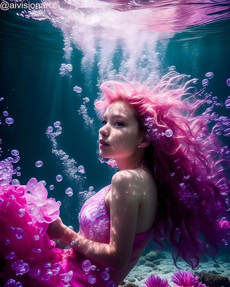 Curly Hair Underwater, Lady Underwater, Hair Underwater, Pink Hair Mermaid, Mermay 2024, Underwater Hair, Lady Illustration, Theme Pink, Beauty Nature