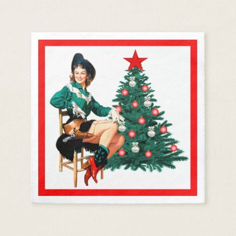 Vintage Cowgirl With Christmas Tree On White Napkin Western Christmas Decorations, Vintage Christmas Party, Cowgirl Christmas, Christmas Paper Napkins, Kitsch Christmas, Christmas Portraits, Cowboy Theme, Vintage Xmas, Cowboy Christmas