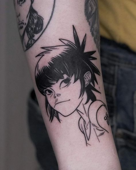 ✨tattoos, cats & adventures on Instagram: “Noodle from @gorillaz done for Max. Thank you as always! 🖤 #gorillaz #gorillazfanart #cartoontattoo #animemasterink#epicgamerink #kawaii…” Noodle Tattoo Gorillaz, Gorrilaz Tattoo, Gorillaz Tattoos, Gorillaz Tattoo Ideas, 2d Tattoo, Noodles Gorillaz, Noodle Tattoo, Noodle From Gorillaz, Animation Tattoo