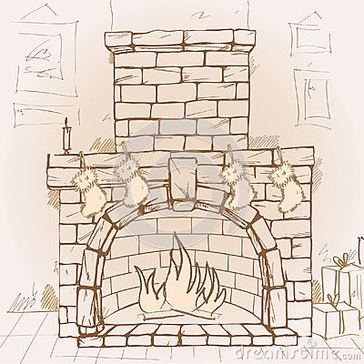 How To Draw Fireplace, Fireplace Drawing Sketch, Christmas Fireplace Art, Christmas Fireplace Illustration, Fireplace Doodle, Christmas Fireplace Drawing, Fireplace Reference, Fireplace Sketch, Christmas Fireplace Ideas