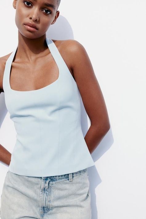 Women's Tops | ZARA United States Blue Halter Top, Sleeveless Peplum Top, Asymmetrical Blouse, Popover Shirt, Zara Blouse, Crop Top Blouse, Crop Blouse, Boho Blouses, Halter Neckline