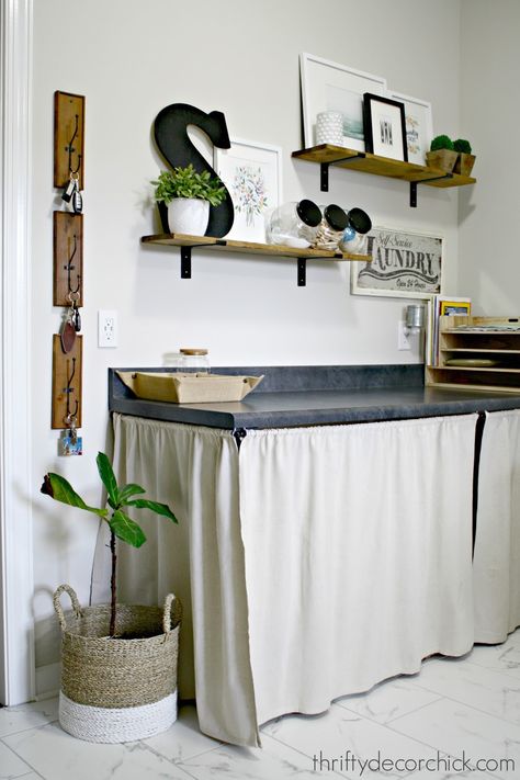 Under Counter Curtain Diy, Under Counter Curtains, Counter Curtains, Laundry Room Countertop, Toilette Design, Restroom Design, Thrifty Decor Chick, Coffee Bars In Kitchen, Thrifty Decor