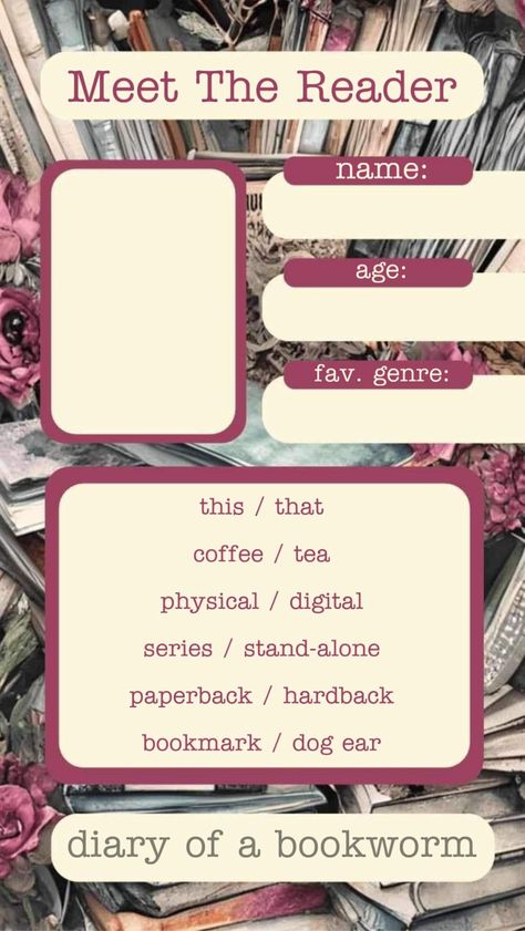 Meet The Reader Template, Cawpile Book Rating, Book Club Names For Women, Bookish Questions To Ask, Book Club Genre List, Bookish Questions, Get To Know The Bookstagrammer Template, Bookstagram Templates Review, Booktok Ideas