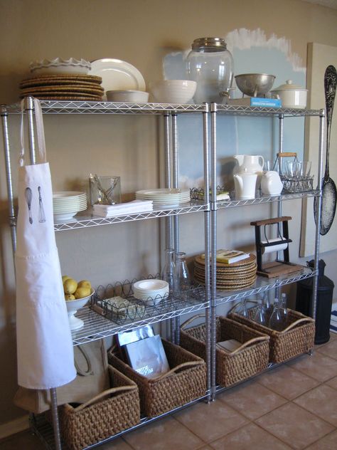 {Metro Shelving} While we're still in progress  on our kitchen reno ~ see it from the beginning here  ~ we've loved having extra storage ... Shelving In Kitchen, Metro Shelving, Kitchen Bookshelf, Metal Storage Shelves, Bakery Kitchen, The Smith, Apartment Kitchen, Wire Shelving, Diy Vintage