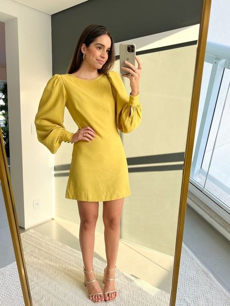 Yellow Dress Outfit, Yellow Dress, Guest Dresses, Work Outfit, Cold Shoulder Dress, Short Dresses, Dress Outfits, Girl Outfits, Long Sleeve Dress