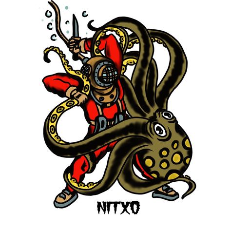 Diver fighting octopus Octopus Oc, Scuba Diver Tattoo, Diver Tattoo, Dove Tattoos, Sailor Jerry Tattoos, Octopus Tattoos, Traditional Style Tattoo, Sea Tattoo, Traditional Tattoo Sleeve