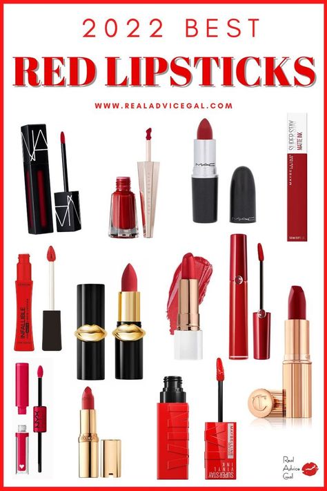 Ultimate list of the best red lipsticks. High-end and drugstore brands of lipsticks with great formula. Red Lipstick Products, Best Blue Red Lipstick, Red Lipstick Drugstore, Best Red Lipstick For Fair Skin, Best Matte Red Lipstick, Tomato Red Lipstick, Drugstore Red Lipstick, Christmas Red Lipstick, Best Drugstore Red Lipstick