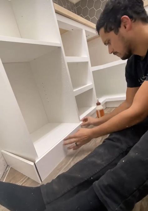 DIY Pantry Makeover With IKEA Shelves - Newbuild Newlyweds Ikea Pantry Shelves Hack, Diy Pantry Shelves With Counter, Ikea Kallax Pantry Hack, Ikea Diy Pantry, Ikea Pantry Built In Hack, Pantry Using Ikea Cabinets, Walk In Pantry Ikea Hack, Wallpaper Pantry Shelves, Ikea Pantry Ideas Hacks