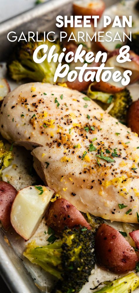 A close up of a sheet pan of seasoned baked chicken Garlic Parmesan Chicken And Potatoes, Light Chicken Recipes, Parmesan Chicken And Potatoes, Healthy Lemon Chicken, Broccoli And Potatoes, Sheet Pan Dinners Chicken, Chicken And Potatoes, Garlic Parmesan Chicken, Parmesan Chicken