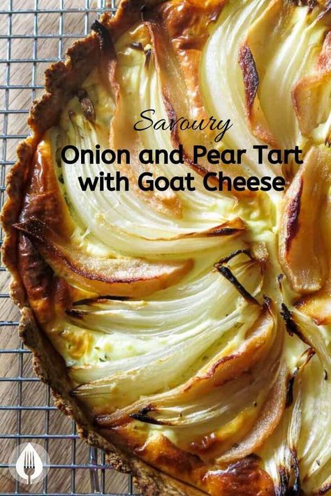 Roasted Pear and Sweet Onion Tart. An impressive savoury tart perfect for fall entertaining #recipe #holiday #appetizer Sweet Onion Tart, Savory Pear Dishes, Savoury Pear Recipes, Pear Savory Recipe, Savoury Tarts, Savoury Tart Recipes, Pear Recipes Savory, Fall Tart Recipes, Savory Pear Recipes