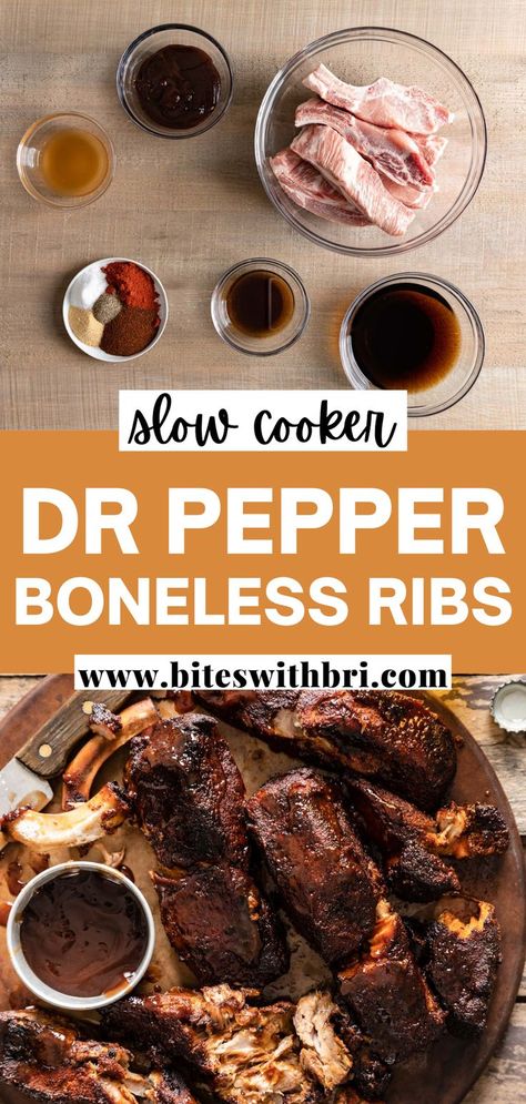 These Slow Cooker Dr Pepper Ribs are absolutely foolproof and come out falling apart every time. The sweetness of the Dr. Pepper and acidity of the apple cider vinegar pairs perfectly with the pork. The ribs are broiled at the end for some delicious caramelization. Ribs With Apple Cider Vinegar, Pork Rib Roast Boneless Slow Cooker, Crockpot Ribs Dr Pepper, Western Pork Ribs Recipe, Pork Rib Roast Boneless, Crock Pot Country Ribs, Boneless Ribs Crockpot, Country Ribs Recipe, Pork Short Ribs