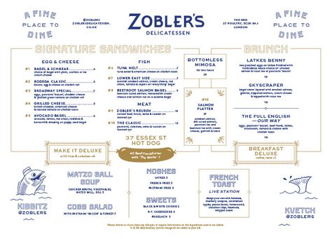 Zobler's Delicatessen Menu by Club Landscape Menu Design, Horizontal Menu Design, Salmon Platter, Menu Design Layout, Menu Sans Gluten, Salmon Bagel, Diner Menu, Restaurant Identity, Menu Layout