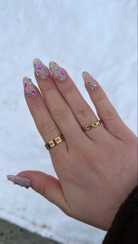 Coloured Gem Nails, Nails With Rhinestones Colorful, Nail Designs For Short Nails With Gems, Colourful Gem Nails, Multi Color Rhinestone Nails, Simple Jeweled Nails, Colorful Jewel Nails, Gemstones On Nails, Spring Nails With Gems