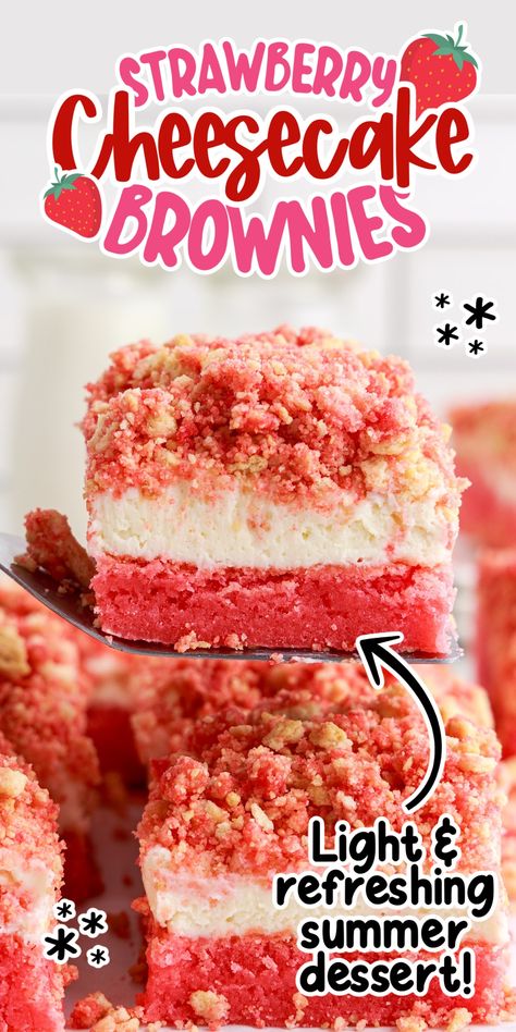 These three layer strawberry cheesecake brownies start with a box of strawberry cake mix, followed by a layer of cream cheese frosting, and are topped with a strawberry crunch that is sweet and delicious. Three Layer Brownies, Strawberry Cream Cheese Brownies, Strawberry Cheesecake Bundt Cake, Strawberry Cake Mix Desserts, Strawberry Box Cake Mix Hacks, Quick Easy Summer Desserts, Strawberry Crunch Brownies, Strawberry Cream Cheese Bars, High Snacks