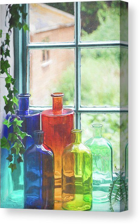 Still Life Glass Bottle, Colored Bottles Decor, Rainbow Glassware, Witchy Apothecary, Citrus Kitchen, Colored Bottles, Colored Glass Bottles, Blenko Glass, Antique Light Fixtures