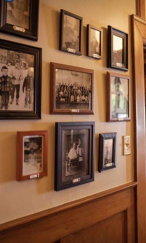 Old Family Pictures Display, Family Photo Wall Aesthetic, Family Memorial Wall, Antique Photo Display, Ancestor Photo Wall, Vintage Family Photo Wall, Family History Wall, Ancestor Gallery Wall, Antique Gallery Wall Living Room