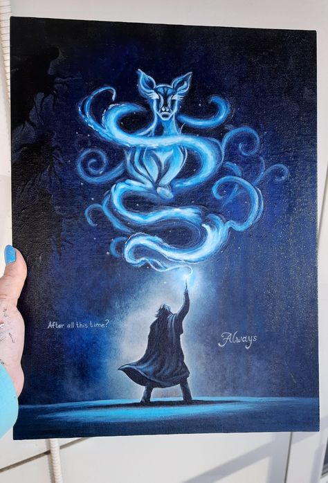 Art on canvas, 30*40 cm. Severus Snape, patronus."-After all this time? - Always" #handmade #harrypotter #always Harry Potter Always Art, Snape Patronus Art, Severus Snape Painting, After All This Time Always Art, Harry Potter Oil Pastel Art, Harry Potter Inspired Paintings, Harry Potter Paintings Easy, Harry Potter Painting Ideas On Canvas Easy, Patronus Painting