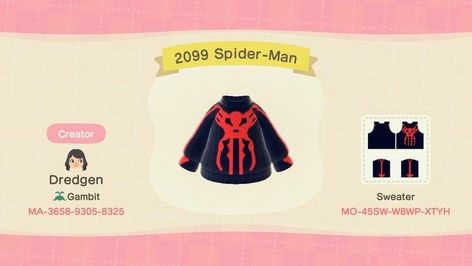 Animal Crossing Spiderman, Clothes Animal Crossing, Animal Crossing Clothing Designs, Animal Crossing Builds, Acnh Custom Design, Spiderman Design, Art Coat, Codes Acnh, Animal Crossing Clothing