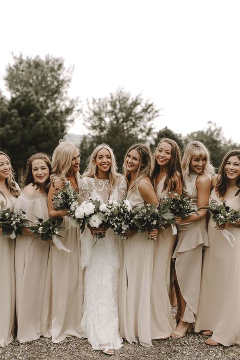 Lilac Wedding Bouquet, Elegant Bridal Dress, Neutral Bridesmaid Dresses, Bridesmaid Inspiration, Lilac Wedding, Oklahoma Wedding, Neutral Boho, Pink Bridesmaid Dresses, Bridesmaid Dress Colors