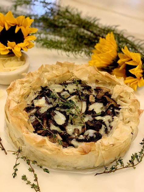 Mixed Mushroom Galette in Phyllo Dough on a Bed of Boursin and Ricotta Cheeses, Topped with Gruyere — An Explorer's Kitchen Mushroom Galette, Recipe Folder, Turkey Pot Pie, Garden Cooking, Boursin Cheese, Pastry Crust, Savory Tart, Phyllo Dough, Gruyere Cheese