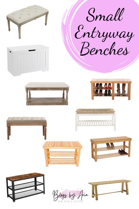 Small Entryway Bench With Shoe Storage, Entryway Stool Ideas, Small Entryway Seating Ideas, Small Entry Bench Ideas, Entrance Furniture Ideas Small Spaces, Small Bench Entryway, Foyer Bench Ideas, Small Entry Bench, Small Bench Seat