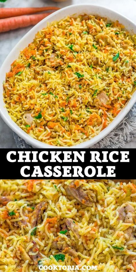 This simple and easy Chicken Rice Casserole makes an elegant and tasty dinner. Made with onions, carrots, basmati rice, and chicken, you won't believe how delicious this meal is! FOLLOW Cooktoria for more deliciousness! If you try my recipes - share photos with me, I ALWAYS check! Easy Chicken Rice Casserole, Chicken Rice Casserole Recipes, Basmati Rice Recipes, Rice And Chicken, Casserole Chicken, Chicken Broccoli Rice, Easy Chicken And Rice, Veggie Casserole, Chicken Rice Casserole