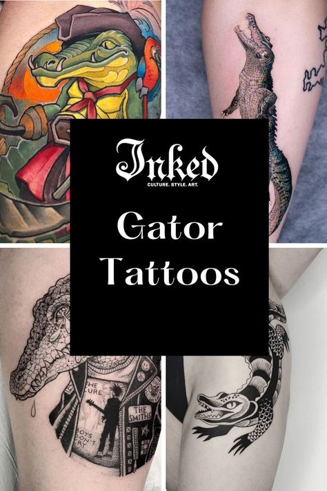 Feminine Alligator Tattoo, Small Alligator Tattoo, Small Gator Tattoo, Alligator Tattoo Design, Traditional Alligator Tattoo, Gator Tattoo, Alligator Tattoo, Florida Tattoos, Back Of Arm Tattoo