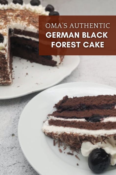 Authentic Black Forest Cake Recipe - German Schwarzwälder Kirschtorte Quick German Recipes, Authentic Black Forest Cake, Traditional German Desserts, Chocolate Cake Layers, German Pastries, Easy German Recipes, Bee Sting Cake, Black Forest Cake Recipe, German Bakery