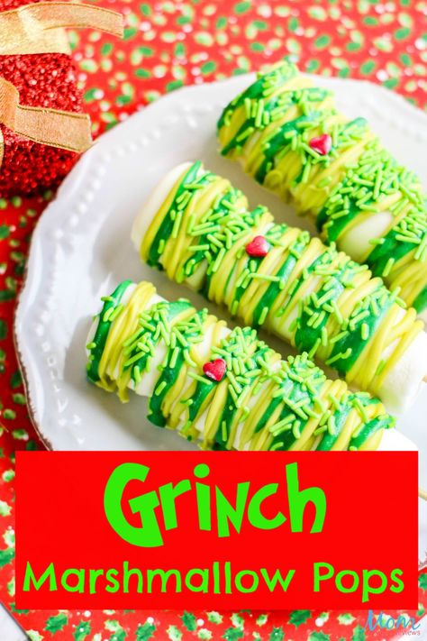 Grinch Marshmallow Pops Recipe - Mom Does Reviews Grinch Bake Sale, Christmas Grinch Food Ideas, Grinch Marshmallow, Grinch Marshmallow Pops, Marshmellow Treats Christmas, Grinch Sweets, Grinch Baking, Grinch Theme Dessert, Grinchmas Food