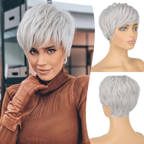 Grey Hair With Blue Highlights, Black Pixie Haircut, Platinum Wigs, Blue Grey Hair, Cute Pixie Haircuts, Haircut Tip, Pixie Bob Hairstyles, Bad Haircut, Grey Wig