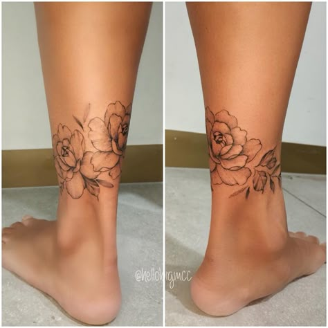 Peonies tattoo. Artist McCoy Qinn - @hellobigmcc. Celebrity ink surfers Paradise Peony Tattoo Ankle, Floral Wrap Around Ankle Tattoo, Peony Tattoo Leg, Flower Ankle Tattoo Wrap Around, Floral Ankle Tattoo Wraps, Tattoo Around Ankle, Around Ankle Tattoo, Ankle Wrap Tattoo, Flower Ankle Tattoo