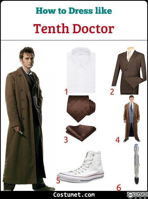 The Tenth Doctor Who costume is wearing a brown suit, a khaki trench coat, and high-top sneakers.            #TV #male #tv #scientist #DoctorWho Tenth Doctor Outfit, Doctor Who Outfit Ideas, Tenth Doctor Inspired Outfit, Doctor Who Suit, Doctor Who Cosplay Ideas, Doctor Who Halloween Costumes, Doctor Who 10th Doctor, Doctor Who Costume, Floral Dress Aesthetic