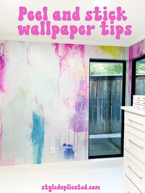 Peel and Stick Wallpaper closet upgrade - Style Duplicated Peel And Stick Wallpaper Closet, Wallpaper On Closet, Wallpaper Closet, Closet Upgrade, 90s Wallpaper Hip Hop, 90s Wallpaper, Bachelorette Pad, Colorful Murals, Air Bubbles