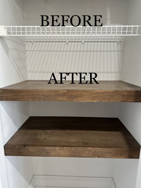 Small Closet Wood Shelves, Bathroom Storage Above Commode, Linen Closet Into Pantry, Laundry Room Rustic Shelves, Kitchen With No Cupboards, Cover Shelf With Wood, Pantry Shelf Covering, Cover Shelves With Wood, Pantry Wooden Shelves