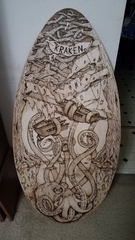 Gothic Wood Burning Ideas, Ocean Wood Burning, Octopus Pyrography, Mermaid Pyrography, Witchy Pyrography, Spooky Pyrography, Skateboard Design, Wood Burning Crafts, Wood Burning Art