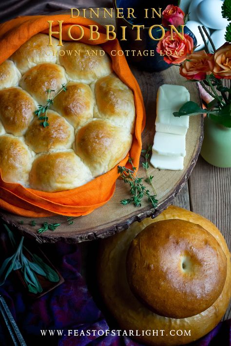 A recipe for a crown loaf and white cottage loaf from Mary Berry for the Hobbiton dinner feast.  This bread is part of the feast created for Hobbit Day. Hobbit Bread Recipe, Hobbit Bread, Hobbit Day Food, Fictional Food Recipes, Hobbit Day, Mary Berry Baking, Cottage Loaf, Hobbit Food, Pie And Mash