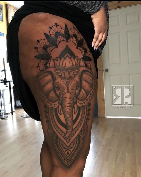 Hip Pieces Tattoo, Elephant Tattoo Thigh For Women, Thigh Tattoos Elephant Women, Black Women Thigh Tattoo, Elephant Tattoos On Back, Elephant Back Tattoo Women, Elephant Thigh Tattoos Women, Elephant Tattoos Black Women, Elephant Leg Tattoo For Women