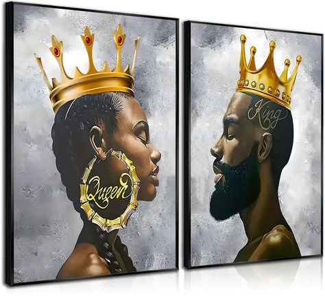 PRICES MAY VARY. Black King And Queen Wall Art sizes, 16x24 inches, This is just canvas posters, not stretched on any frame, you can choose a suitable frame for installation. The Black King and Queen wall art gives a powerful spiritual power and is motivational and inspirational at the same time The artwork is printed on high-quality canvas to ensure color and quality and will not fade after hanging for a long time. Our art prints will make great gifts for friends and family. Gift this wall deco Black Love Paintings, African King And Queen, Art Black Couple, Men Wall Decor, African King, Couple Canvas, African American Wall Art, Black King And Queen, Couples Canvas