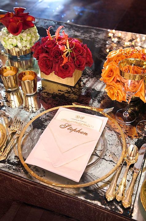 . Red And Orange Roses, Fall Wedding Tablescapes, Gold Place Setting, Mirrored Table, Colin Cowie Wedding, Colin Cowie, Romantic Fall Wedding, Autumn Rose, Pretty Tables