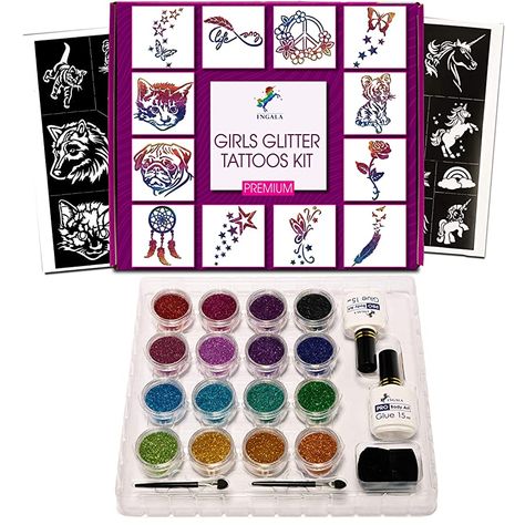 PREMIUM Glitter Tattoo kit for any occasion! The perfect kit for birthday parties and school events events and for PRO’s! Why hire a glitter tattoo professional for you event when you can do these easily and at a fraction of the price? No matter the age, the PREMIUM Glitter Stencils Set makes an entertaining addition to any get-together! Bestselling tattoo designs Our spectacular stencil collection is a proven best seller that is extremely popular at beach resorts all around the world. As a prof Tattoos Stencils, Unicorn Stencil, Glitter Tattoo Kit, Glitter Tattoo Stencils, Tattoo Uk, Butterfly Stencil, Gemini Tattoo, Skincare Cosmetics, Glitter Tattoo