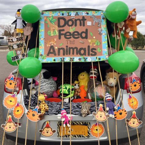 Zoo theme trunk or treat! Zoo Themed Trunk Or Treat Ideas, Animal Themed Trunk Or Treat, Trunk Or Treat Safari Theme, Zoo Trunk Or Treat Ideas For Cars, Trunk Or Treat Animal Theme, Stuffed Animal Trunk Or Treat, Bunny Trunk Or Treat Ideas, Tiger Trunk Or Treat, Trunk Or Treat Zoo Theme