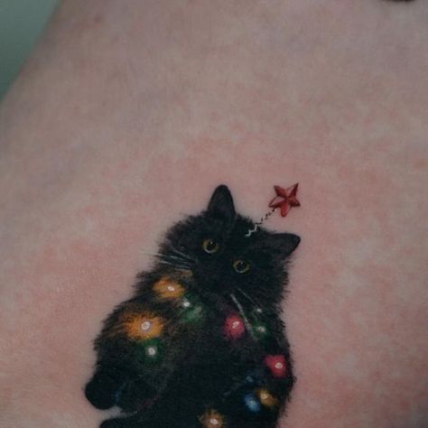 Christmas Cat Tattoo, Colourful Cat Tattoo, Cat In Space Tattoo, Starry Cat Tattoo, Cat In Christmas Tree Drawing, Tattoo Uk, Christmas Tattoo, Instagram Christmas, Christmas Cat