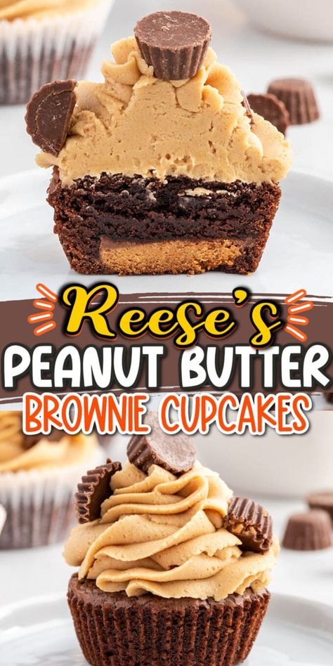 Reese’s Peanut Butter Brownie Cupcakes - Princess Pinky Girl Recess Peanut Butter Cupcakes, Peanut Butter Brownie Cupcakes, Recees Peanut Butter Cupcakes, Things To Do With Peanut Butter, Reeces Pieces Recipes, Reese’s Cupcakes, Reese’s Recipes, Resses Dessert Recipes, Reese’s Desserts