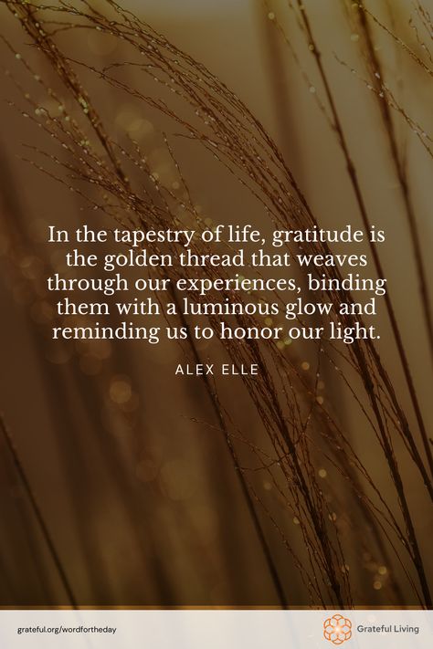 "In the tapestry of life, gratitude is the golden thread that weaves through our experiences, binding them with a luminous glow and reminding us to honor our light." -Alex Elle  📷: Johnny McClung  #WordForTheDay #GratefulLiving #Gratitude #Gratefulness #Grateful #Quote #Quotes #DailyQuote #QuoteOfTheDay #GratitudePractice #GratitudeDaily Thread Of Life, Alex Elle, Word For The Day, Tapestry Quotes, Golden Thread, Practice Gratitude, One Word, Daily Quotes, Quote Of The Day