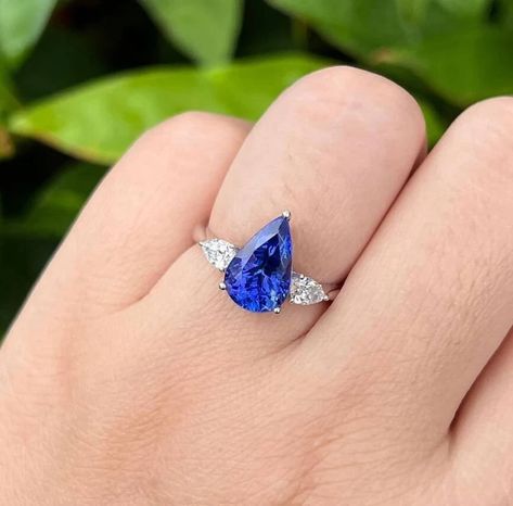 Gold Engagement Ring Moissanite, Colored Moissanite, Blue Sapphire Wedding Ring, Blue Diamond Engagement Ring, Sapphire Wedding Ring, Pear Cut Ring, Gold Anniversary Rings, Birthday Gift Ring, Ring Three Stone