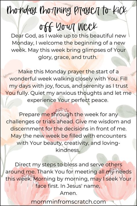 Monday Morning Prayer to Kick off Your Week New Week Blessings, Monday Morning Prayer, Uplifting Prayers, Monday Morning Blessing, Week Blessings, Monday Prayer, Morning Quotes For Friends, Prayer And Fasting, Perfect Peace