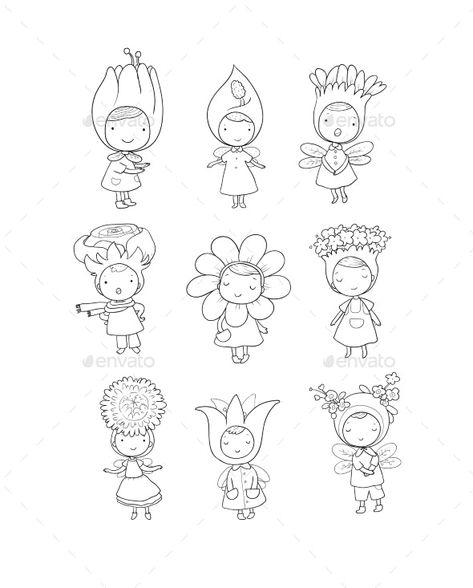 Cartoon Flower Fairies and Forest Gnomes by Chetkova | GraphicRiver Fairytale Flowers Illustration, Easy Faries Drawings, Flower Fairy Illustration, Fairy Garden Ideas Drawing Easy, Cute Fairy Garden Drawings, Fairy Cute Illustration, Fairy Forest Drawing Simple, Fairy Outline Simple, Simple Gnome Tattoo