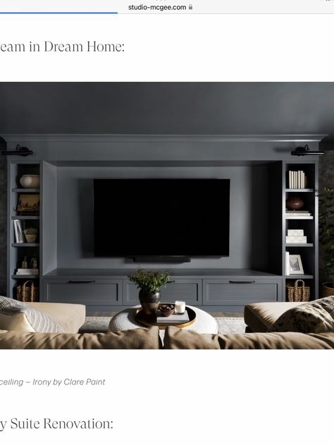 Charcoal Media Wall, Tv Room Dark Walls, Extra Large Tv Wall Ideas Living Room, Media Room Storage Ideas, Large Tv Living Room, Basement Media Wall, Dark Tv Wall, Basement Tv Area, Basement Tv Wall