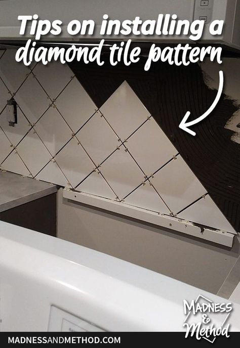 Planning a diamond backsplash or a herringbone pattern? Read these handy tips on installing a diamond tile pattern that is especially important for walls! Diagonal Square Tile Backsplash, White Diamond Backsplash Kitchen, Square Tile Diamond Pattern, Tile Laying Patterns Wall, Diamond Tiles Bathroom, Diamond Tile Bathroom, Square Tile Patterns, Diamond Tile Backsplash, Square Tile Bathroom